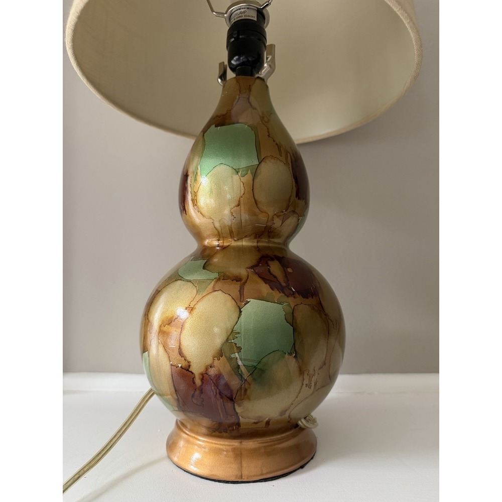 Decorative Gourd Table Lamp Green Gold Brown Glaze Ceramic Style w Shade - Picture 5 of 9